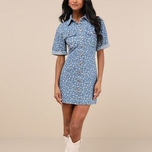 Lulus Renske Light Wash Floral Print Denim Mini Dress Blue - Size S